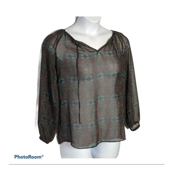 Zara Basic Boho Sheer Blouse Self-Tie Neck Multicolor Long Sleeve Small - Picture 4 of 15